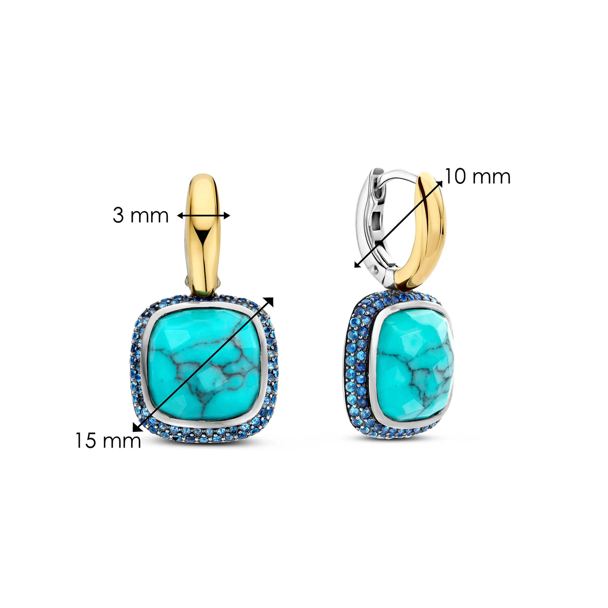 Ti Sento Yellow Gold Plated Turquoise Blue and Blue Cubic Zirconia Drop Hoop Earrings - Image 4