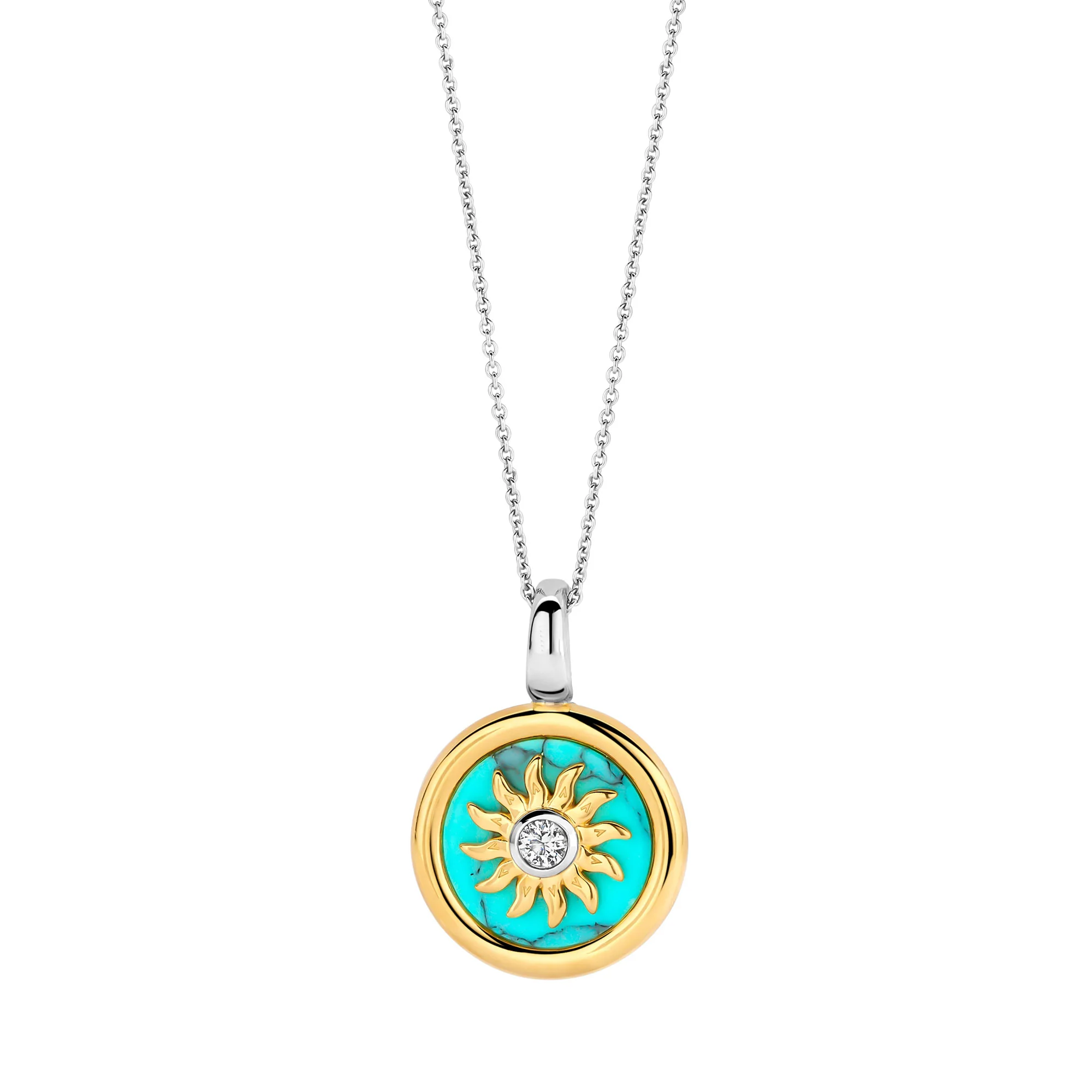 Ti Sento Yellow Gold Plated Turquoise Blue and Cubic Zirconia Sun Disc Pendant 6831TQ
