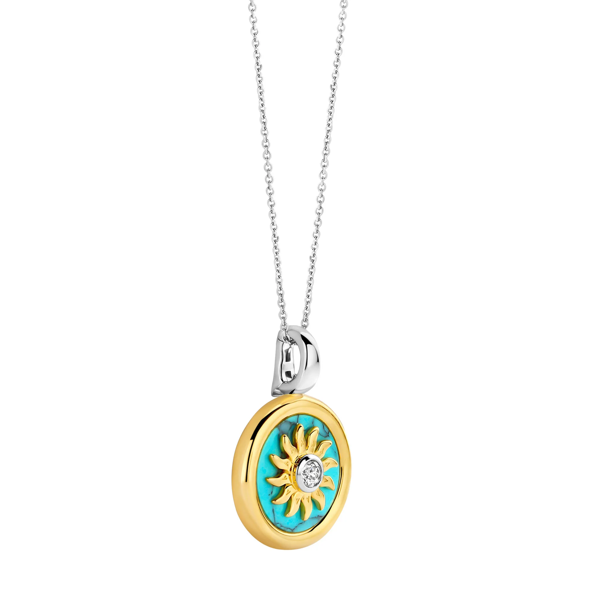 Ti Sento Yellow Gold Plated Turquoise Blue and Cubic Zirconia Sun Disc Pendant 6831TQ - Image 2