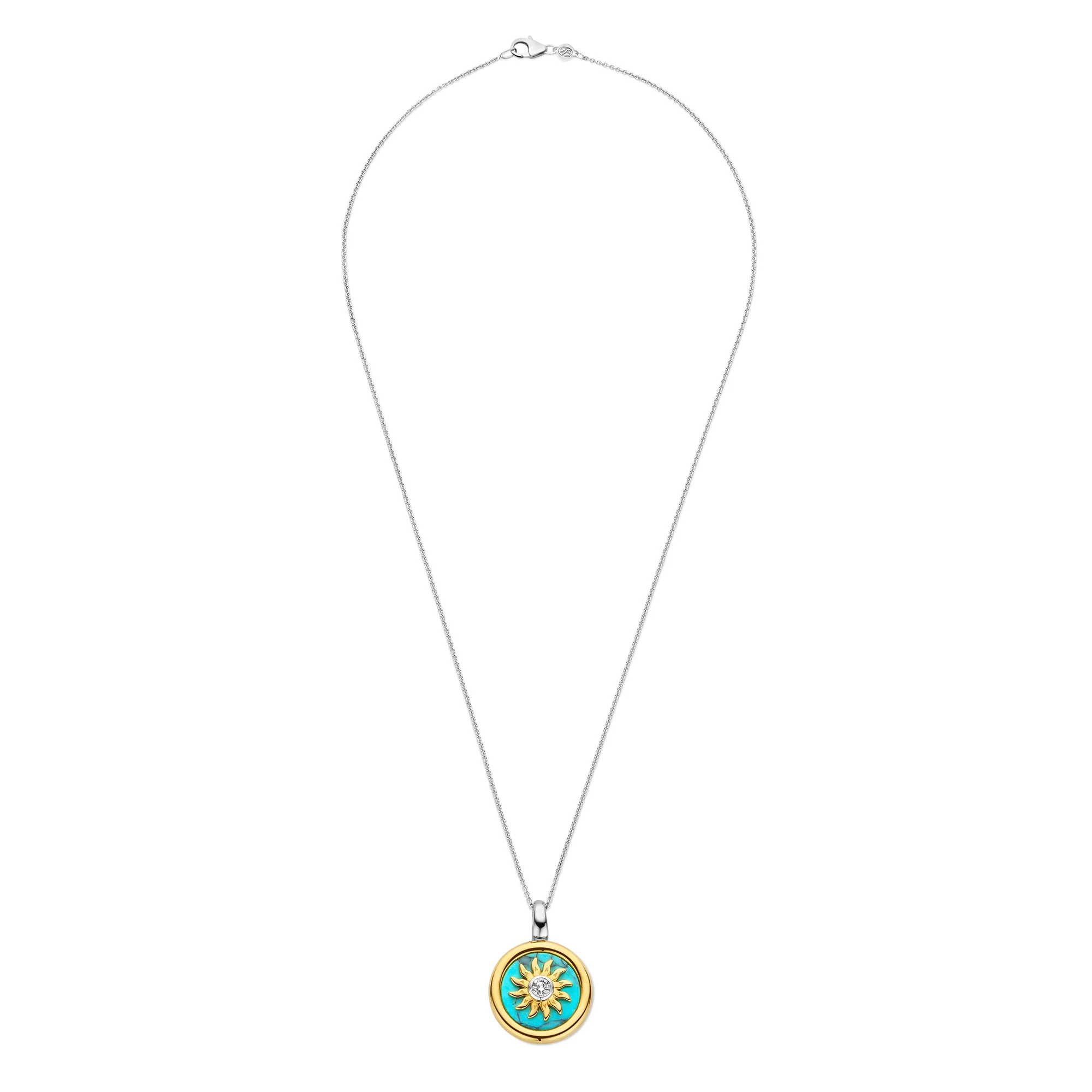 Ti Sento Yellow Gold Plated Turquoise Blue and Cubic Zirconia Sun Disc Pendant 6831TQ - Image 4
