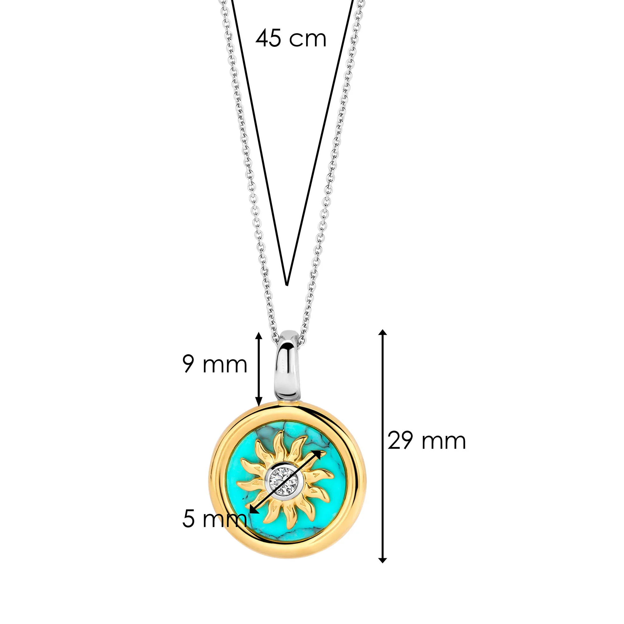 Ti Sento Yellow Gold Plated Turquoise Blue and Cubic Zirconia Sun Disc Pendant 6831TQ - Image 5