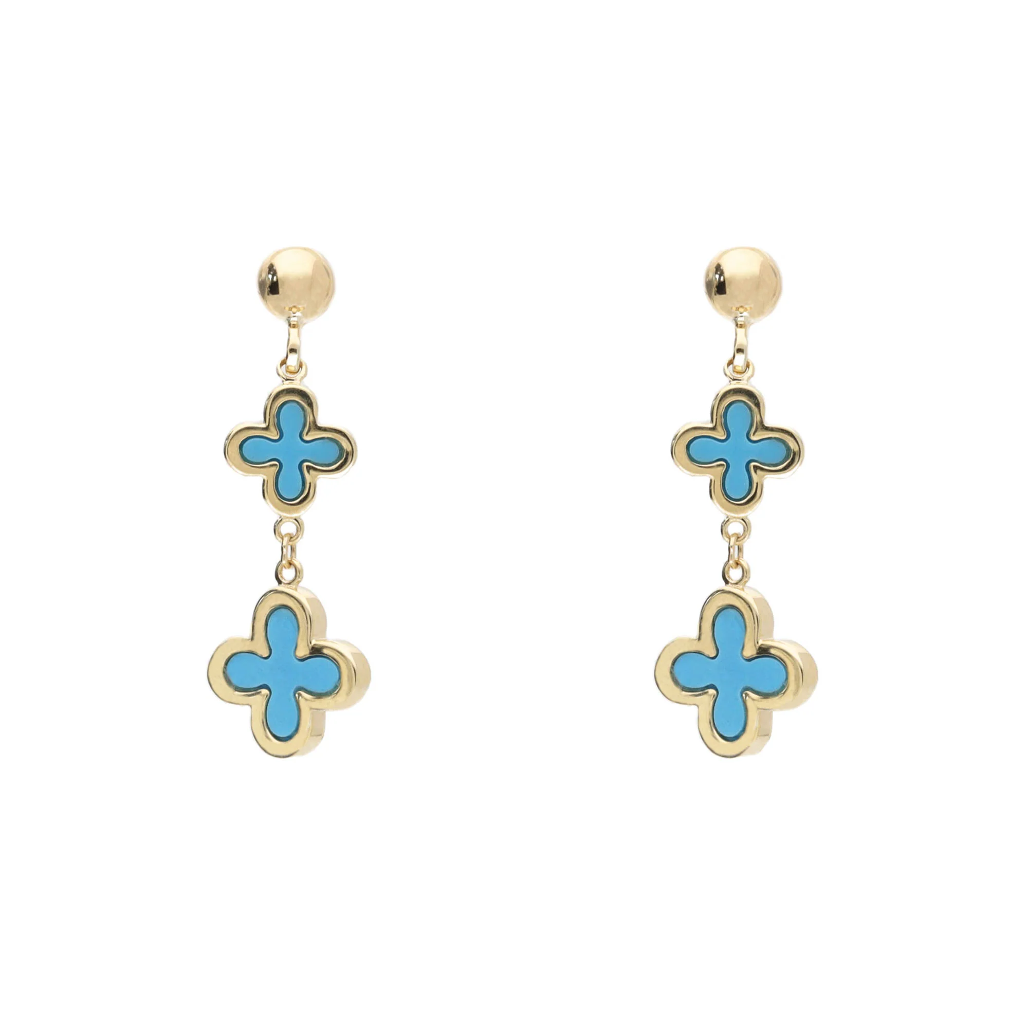 Turquoise 9ct Yellow Gold Clover Drop Earrings - Image 2