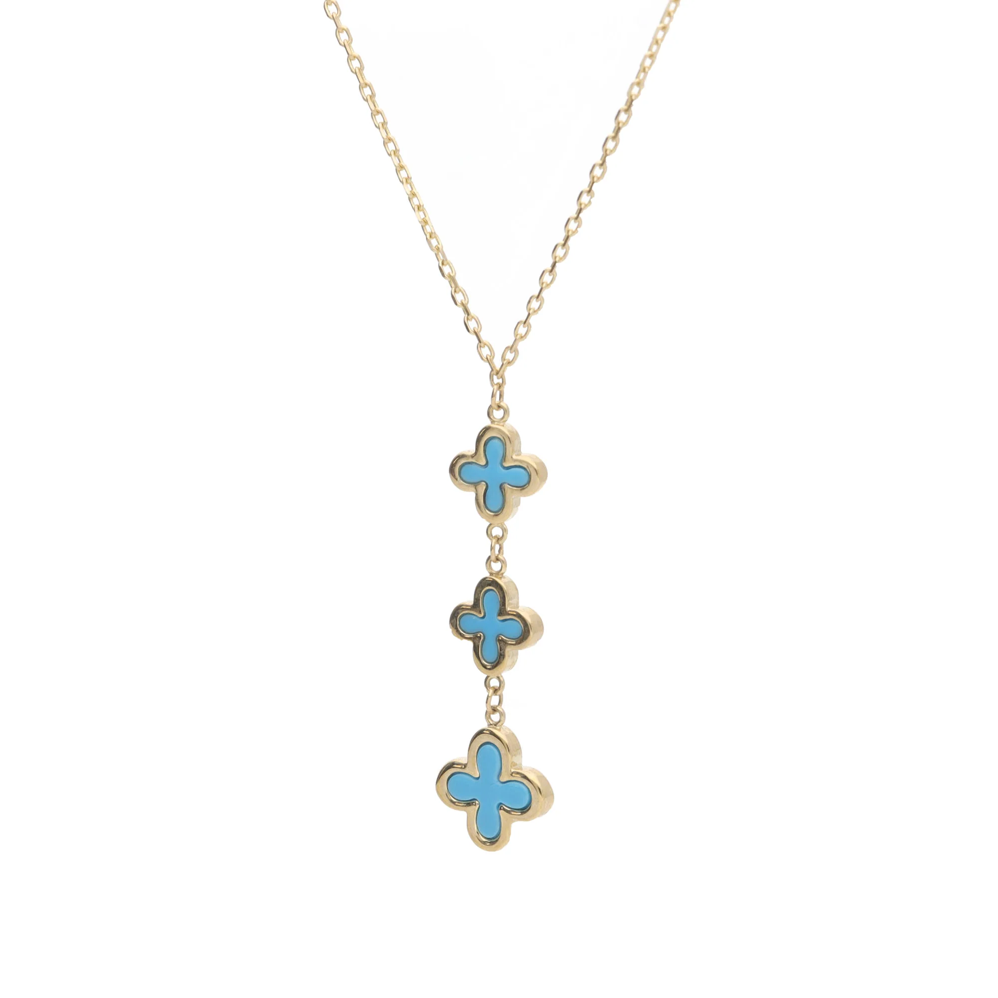 Turquoise 9ct Yellow Gold Clover Drop Necklace - Image 2