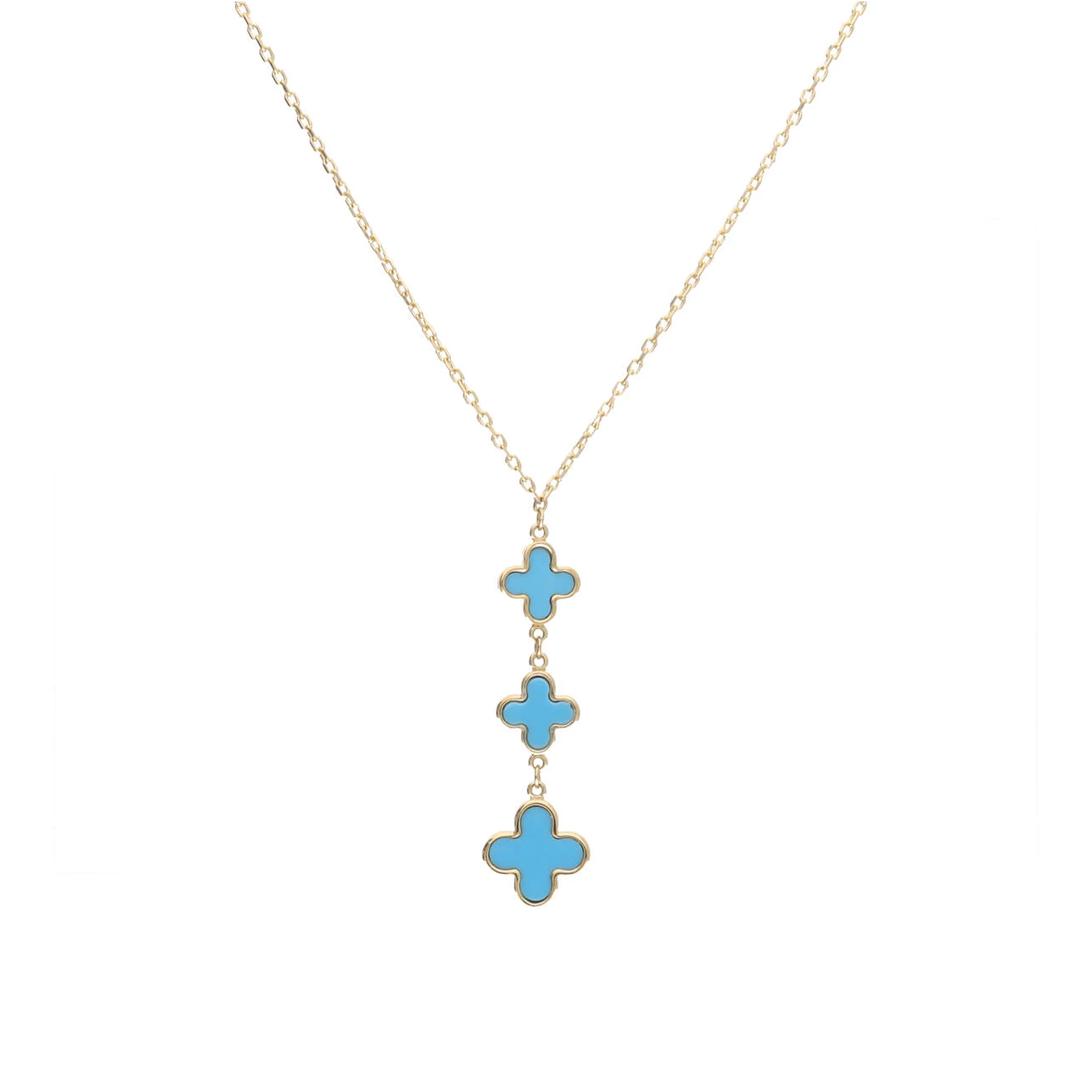 Turquoise 9ct Yellow Gold Clover Drop Necklace - Image 3