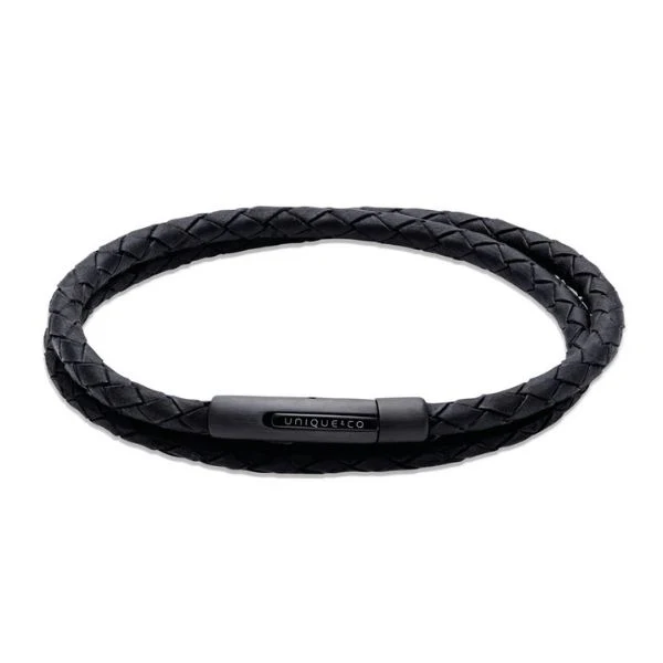 Unique Black Leather Black IP-Plating Wrap Bracelet 21cm